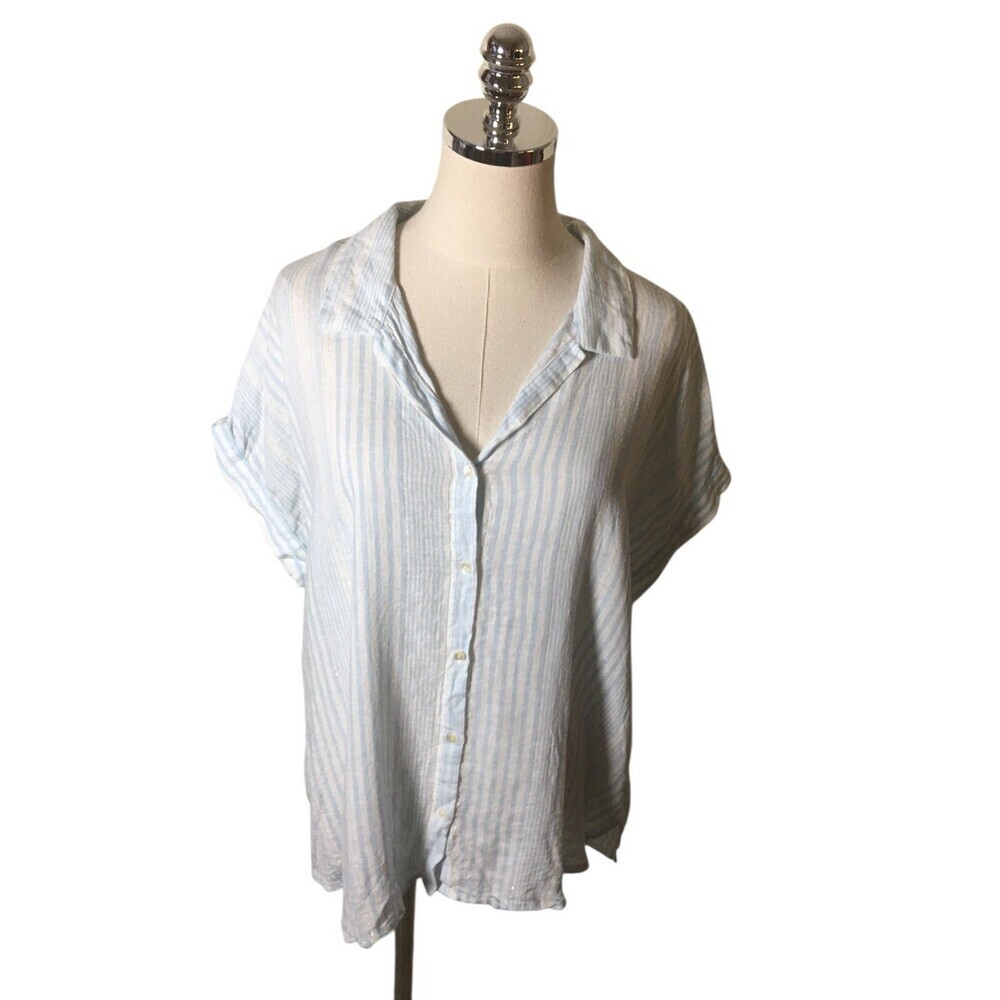 Lucky Brand Top Women's Size Large Blue White Stripes Button Up Linen Blend